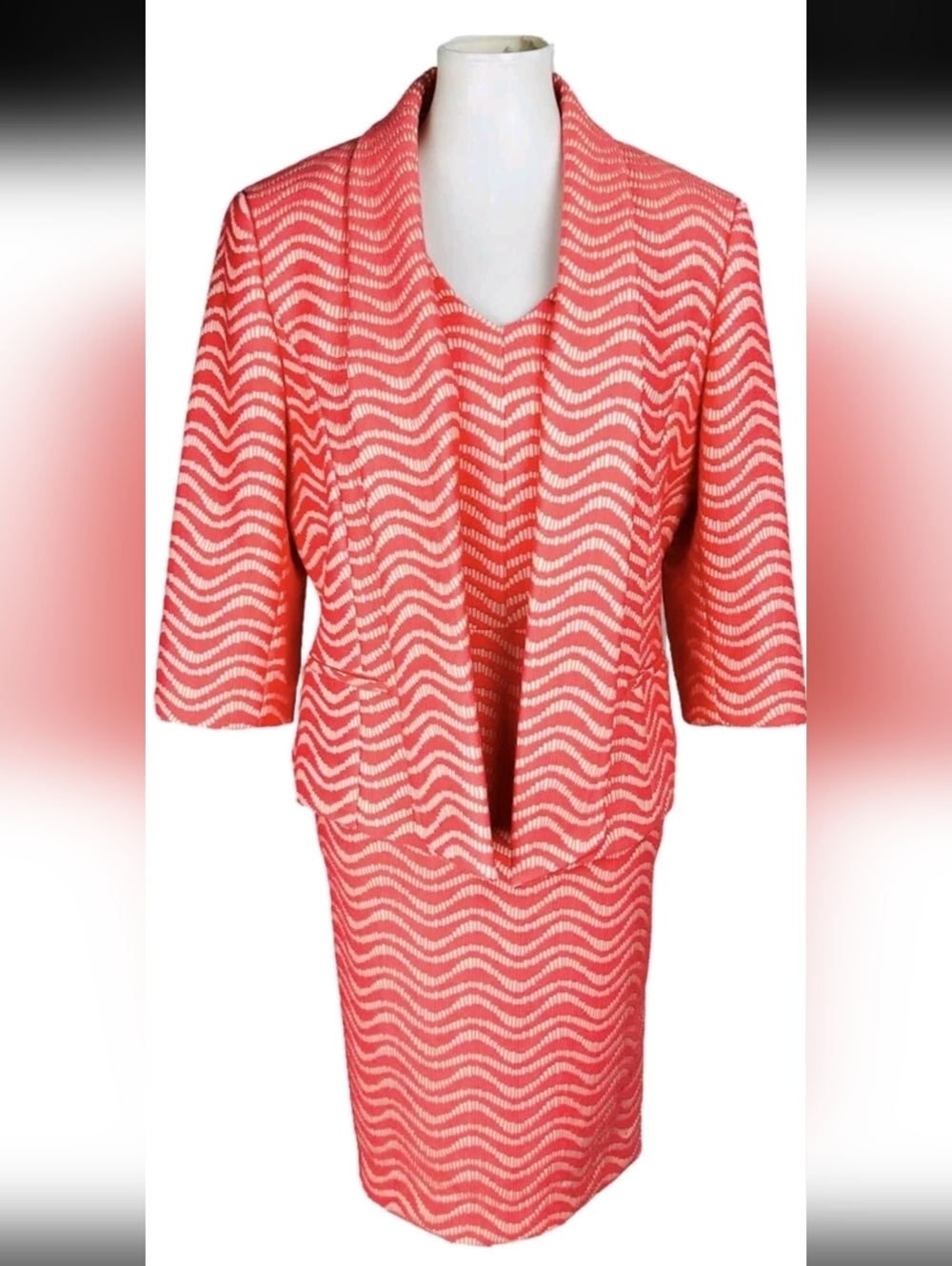 Albert Nipon Coral and Cream Wave-Pattern Midi Dress with Jacket Size 14